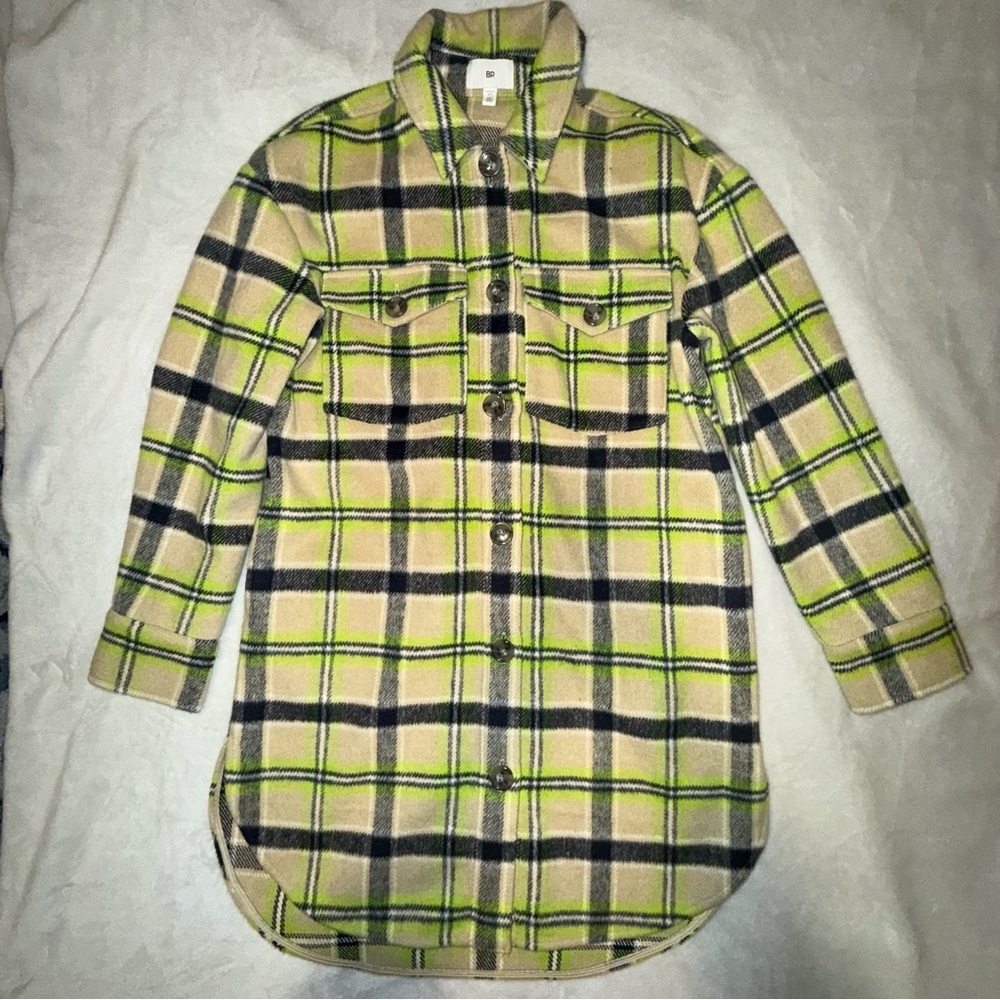 BP Brushed Plaid Oversize Shirt Jacket shacket XS- Green and Gray - Picture 2 of 12